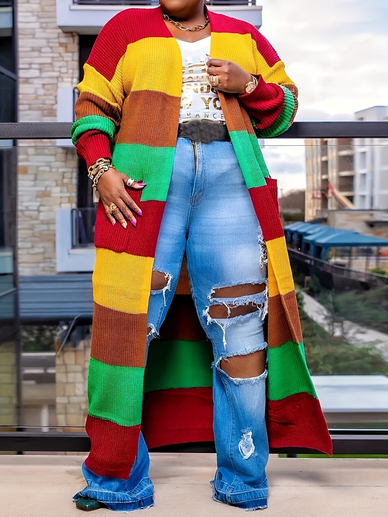 Long Sleeve Color Block Knit Cardigan - Stylish Open Front, Cozy Casual Sweater with Convenient Pockets, Perfect for Womens Everyday Wear