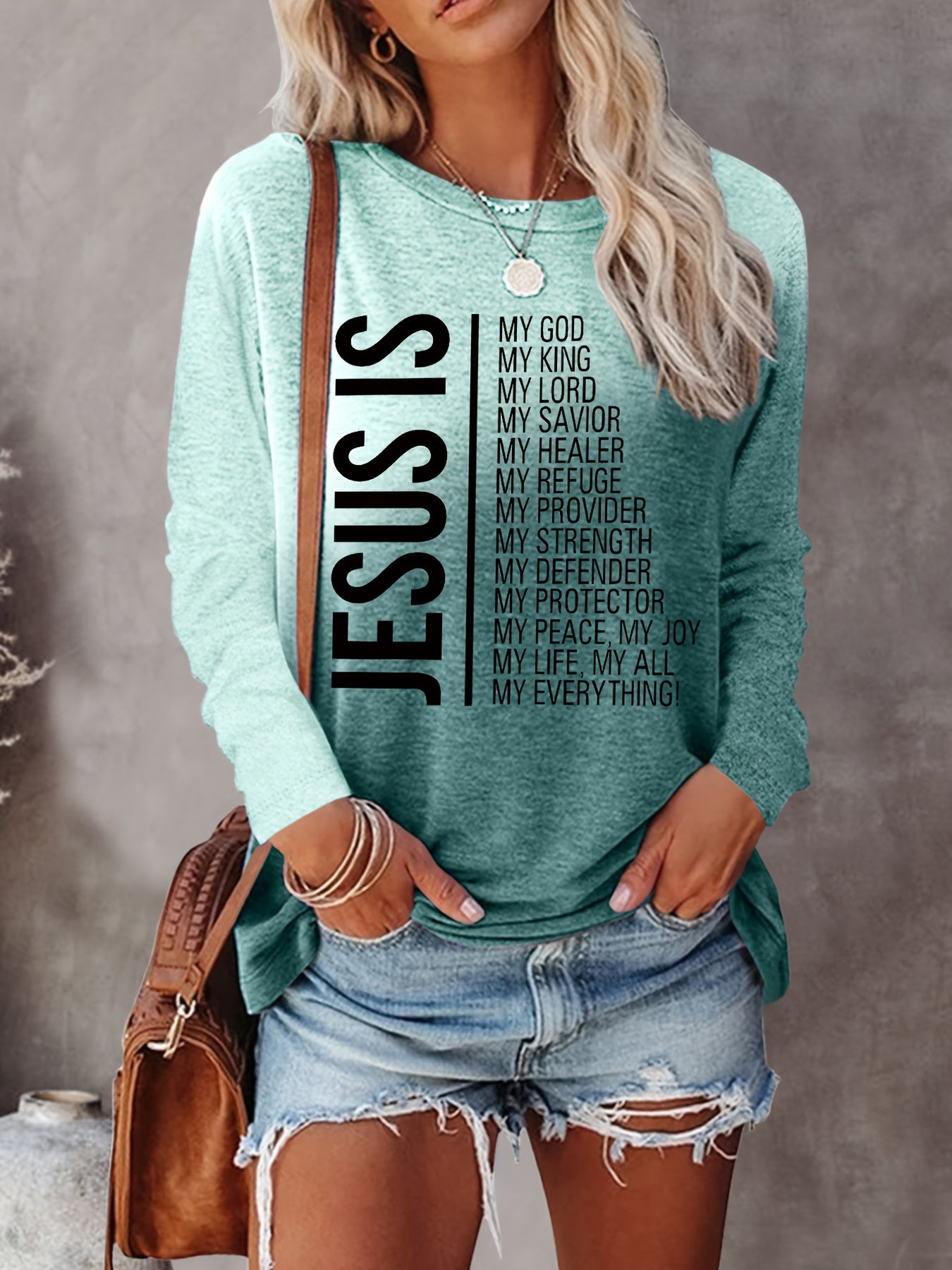 Jesus Print Crew Neck T-shirt, Casual Long Sleeve Top For Spring & Fall, Women's Clothing