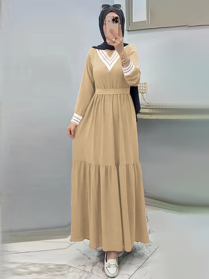 Ramadan Elegant Long Sleeve Tie Waist Maxi Modest Dress - Abayas for Women with Solid Color, Comfortable Wear, and Modest Fashion - Perfect for Islamic Occasions and Everyday Wear