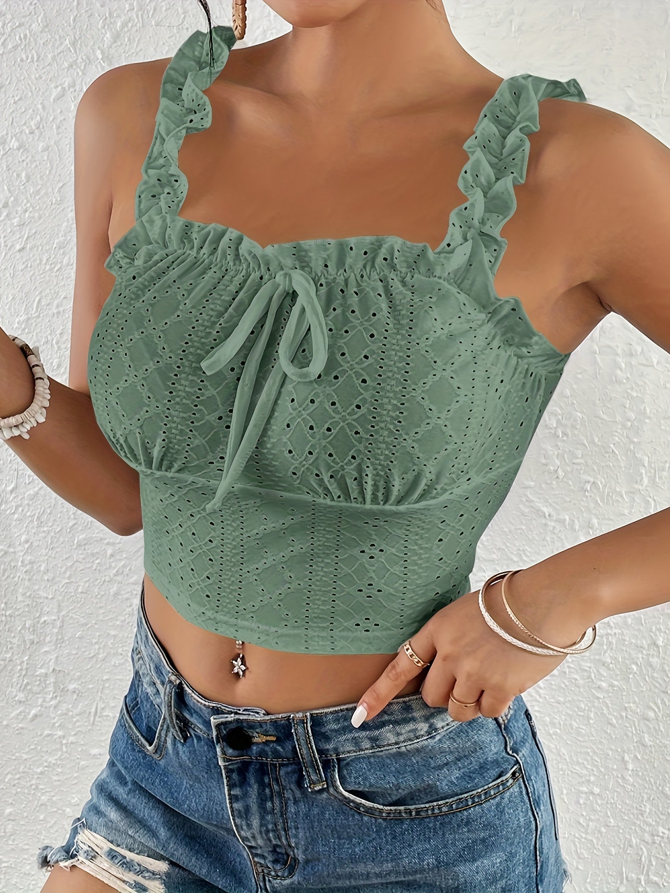 Eyelet Lettuce Trim Crop Cami Top, Casual Tie Front Summer Sleeveless Top, Women's Clothing For Coquette/Cute/Y2K Style