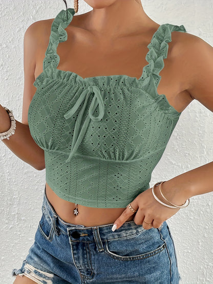 Eyelet Lettuce Trim Crop Cami Top, Casual Tie Front Summer Sleeveless Top, Women's Clothing For Coquette/Cute/Y2K Style