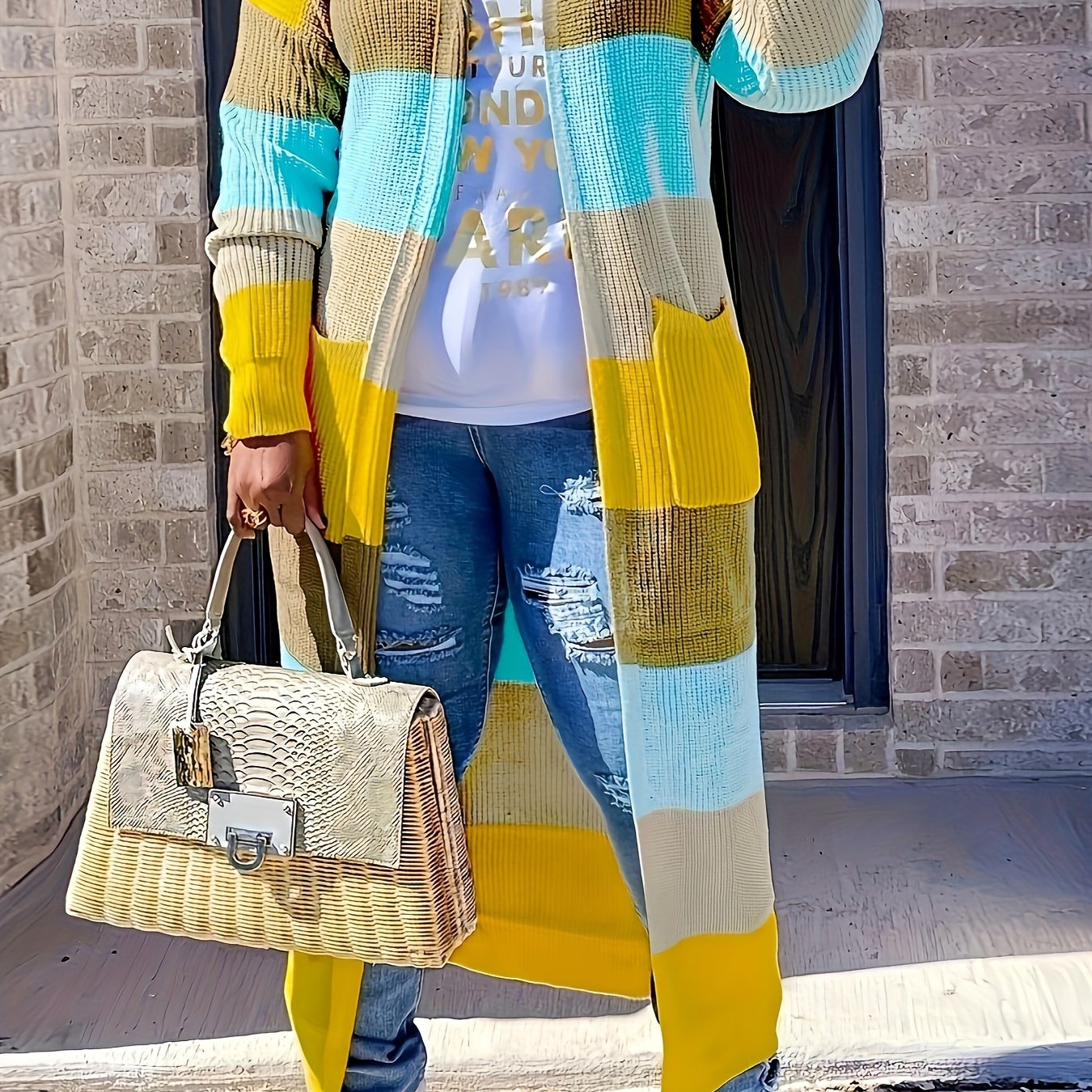 Long Sleeve Color Block Knit Cardigan - Stylish Open Front, Cozy Casual Sweater with Convenient Pockets, Perfect for Womens Everyday Wear