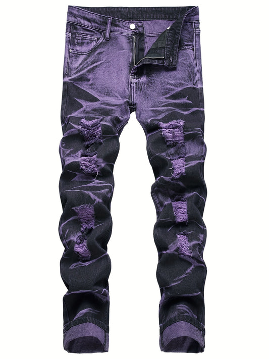 Y2k Tie Dye Ripped Jeans, Men's Casual Street Style Regular Denim Pants With Pockets