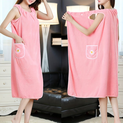 1pc Absorbent Flower Pattern Bath Towel with Pockets for Women - Quick Drying Spa Wrap and Sauna Kilt - Long Bathrobe Skirt for Adults - Bathroom Supplies and Accessories