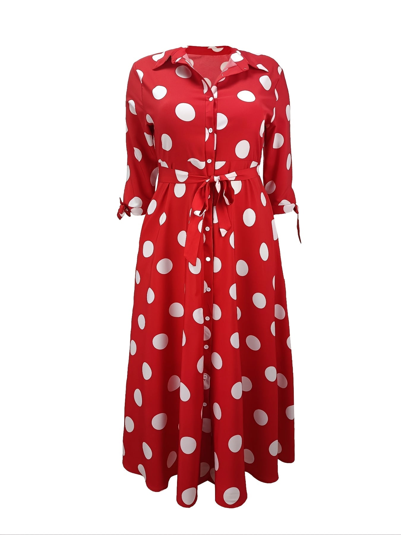 Elegant Plus Size Polka Dots Print Maxi Dress - Women's Button Up Collared Belted