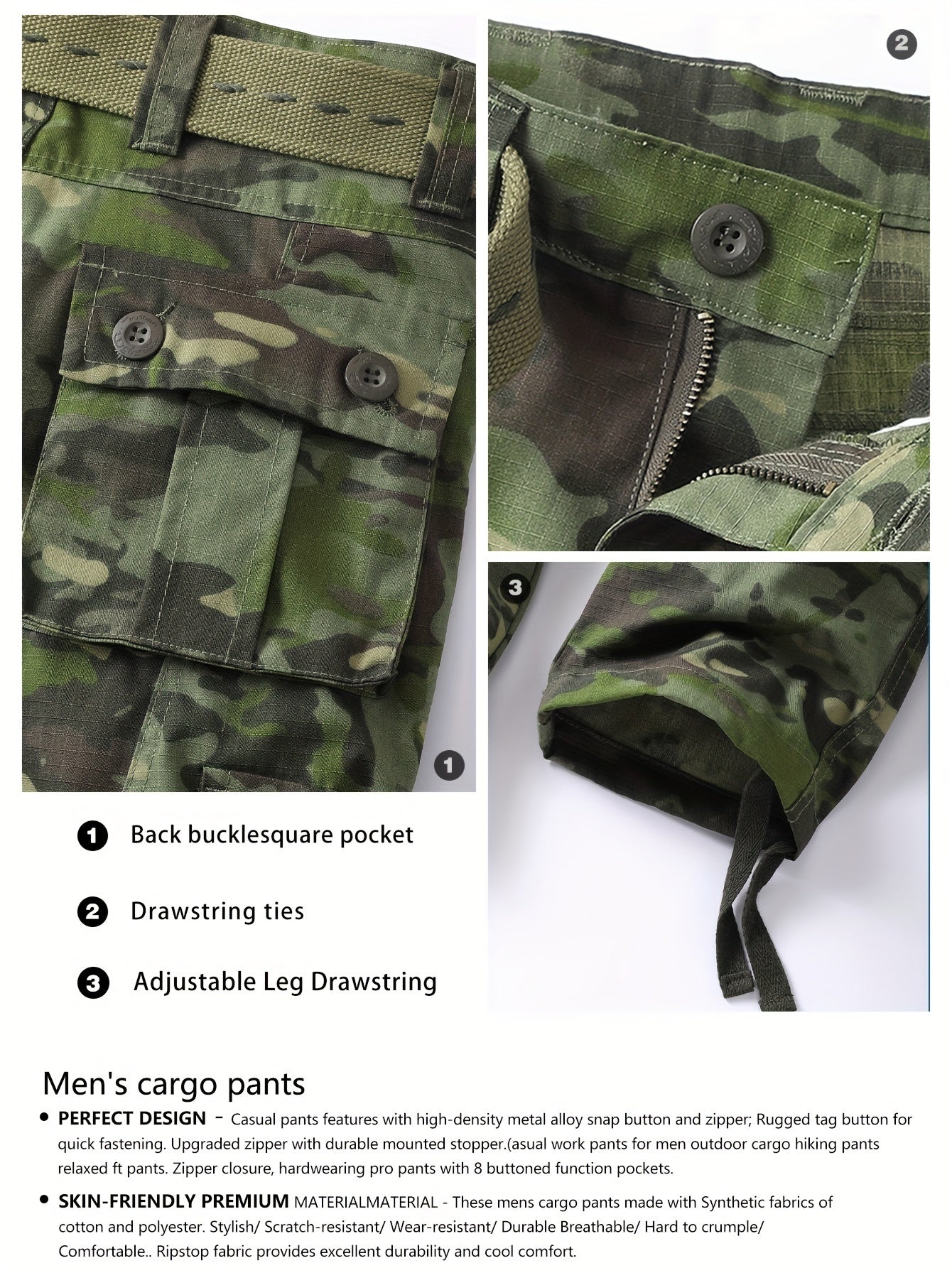 Mens Camouflage Cargo Pants - Relaxed Fit, Cuffed, Multiple Flap Pockets, Versatile, Durable, Ideal for Hiking, Workout, and Outdoors Activities in All Seasons - Belt Sold Separately