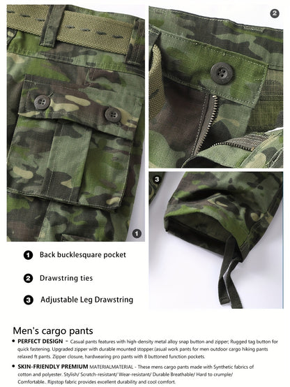 Mens Camouflage Cargo Pants - Relaxed Fit, Cuffed, Multiple Flap Pockets, Versatile, Durable, Ideal for Hiking, Workout, and Outdoors Activities in All Seasons - Belt Sold Separately