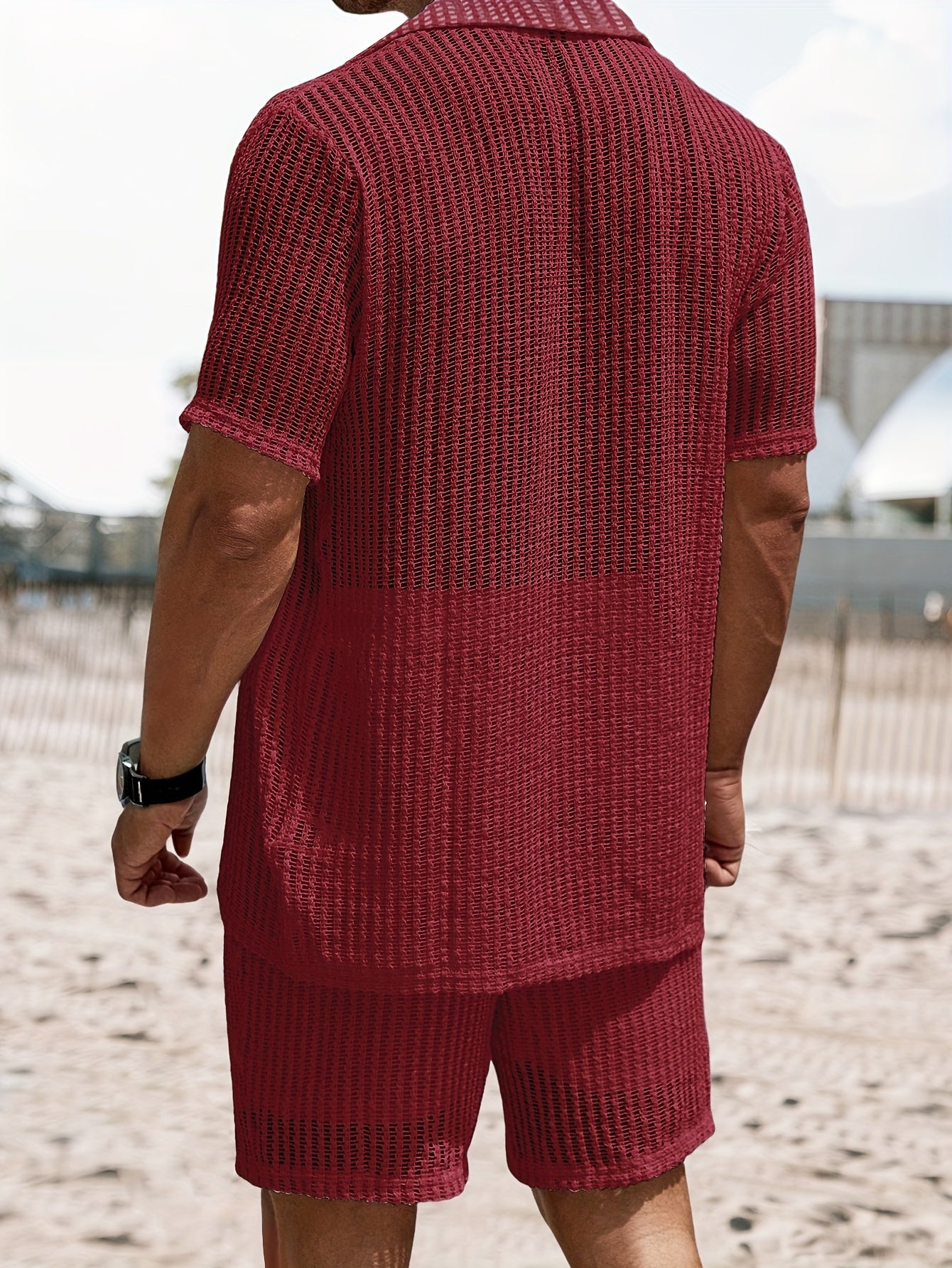 2Pcs Men's Co-ord Set - Breathable Hollow Out Short Sleeve Shirt and Drawstring Shorts for Summer - Daily Leisure, Vacation, Resorts, and Outdoor Activities