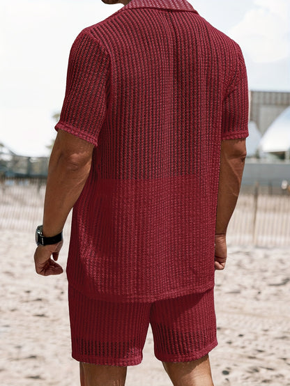 2Pcs Men's Co-ord Set - Breathable Hollow Out Short Sleeve Shirt and Drawstring Shorts for Summer - Daily Leisure, Vacation, Resorts, and Outdoor Activities