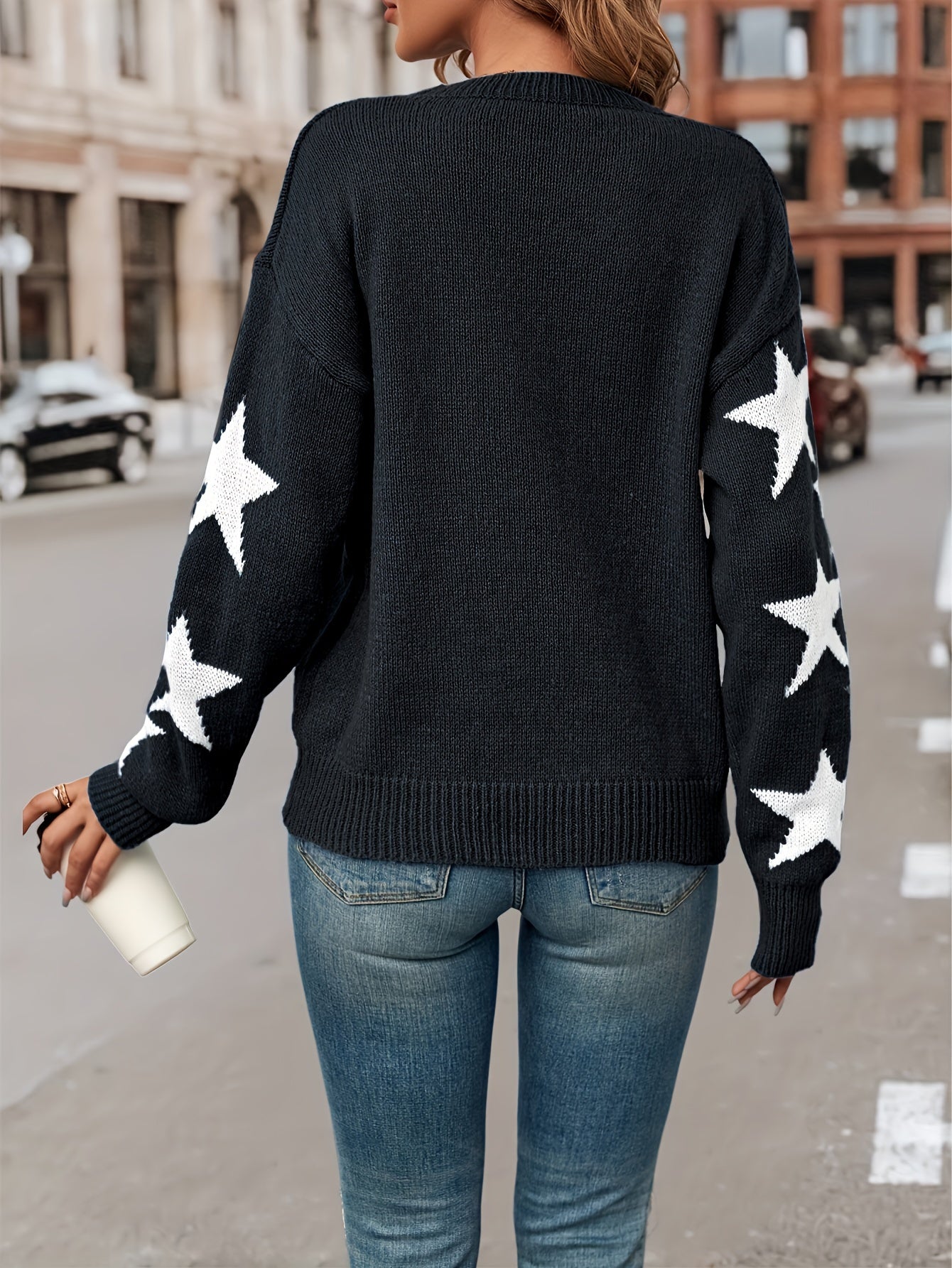 Star Pattern Crew Neck Pullover Sweater, Casual Long Sleeve Drop Shoulder Sweater, Women's Clothing