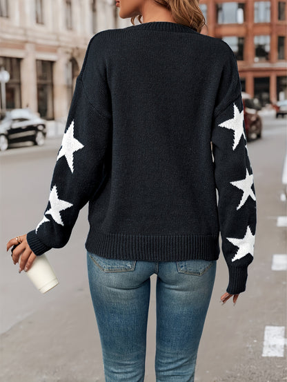 Star Pattern Crew Neck Pullover Sweater, Casual Long Sleeve Drop Shoulder Sweater, Women's Clothing