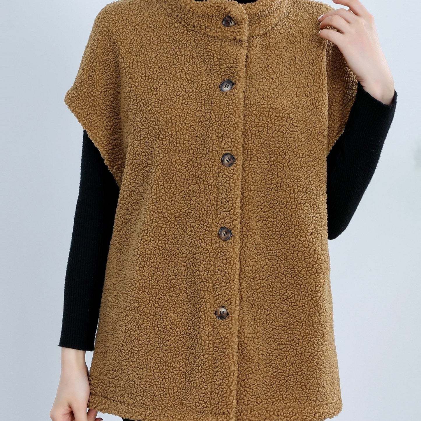 Womens Chic Button Front Teddy Vest - Lightweight Fleece, Short Sleeve, Solid Colors - Perfect for Layering, Stylish & Versatile Wardrobe Staple