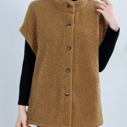 Womens Chic Button Front Teddy Vest - Lightweight Fleece, Short Sleeve, Solid Colors - Perfect for Layering, Stylish & Versatile Wardrobe Staple