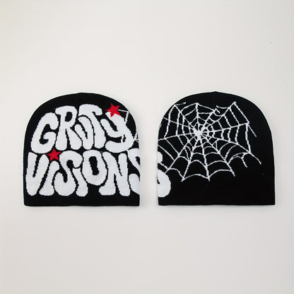 1pc Men's Funky "GRU VISION" Spider Web Knit Beanie - 100% Acrylic, Trendy Letter & Star Design in Multiple Colors, Soft & Stretchy Fabric for Casual Attire