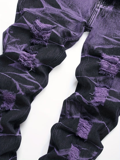 Y2k Tie Dye Ripped Jeans, Men's Casual Street Style Regular Denim Pants With Pockets