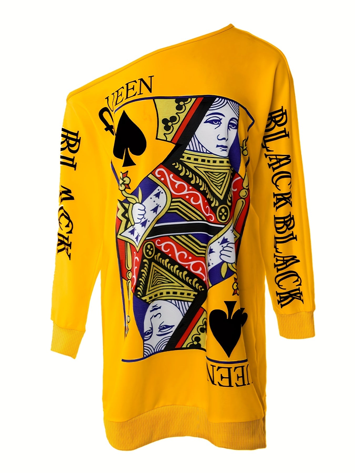 Slant Shoulder Queen Poker Print Dress, Long Sleeve Casual Dress For Fall & Spring, Women's Clothing
