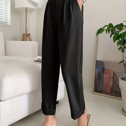 Chic Solid High Waist Pleated Pants - Flattering Draped Design, Straight Leg, Casual Style - Perfect for Womens Wardrobe