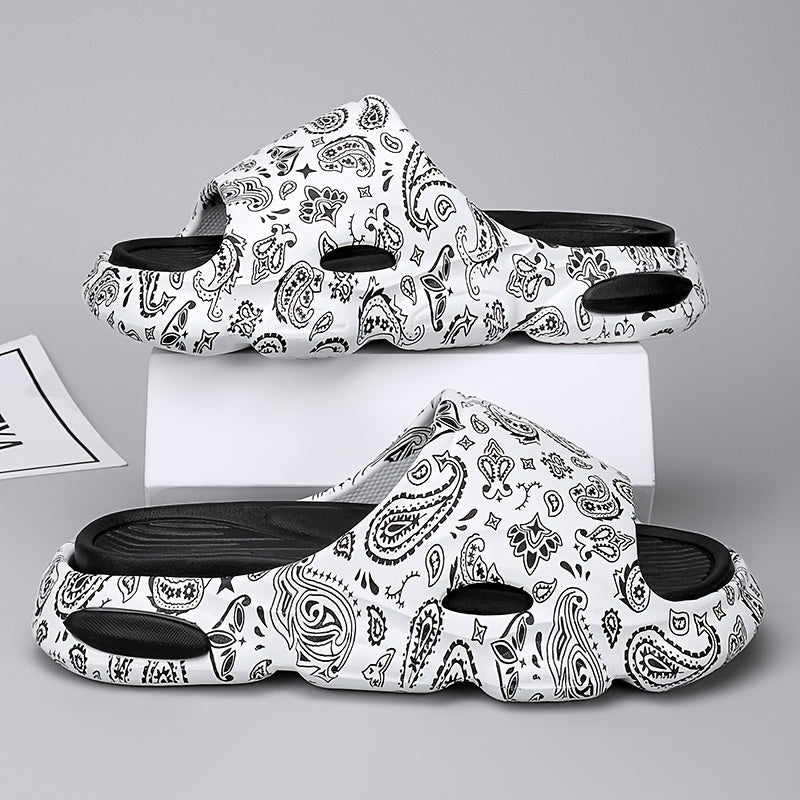 Cloud Slides Teardrop Motif Print Pillow Slippers - Non-Slip, Open-Toe, Breathable, Soft EVA Insoles, Slip-On Design, Perfect for Indoor, Outdoor, Beach, and Shower Use in Spring and Summer