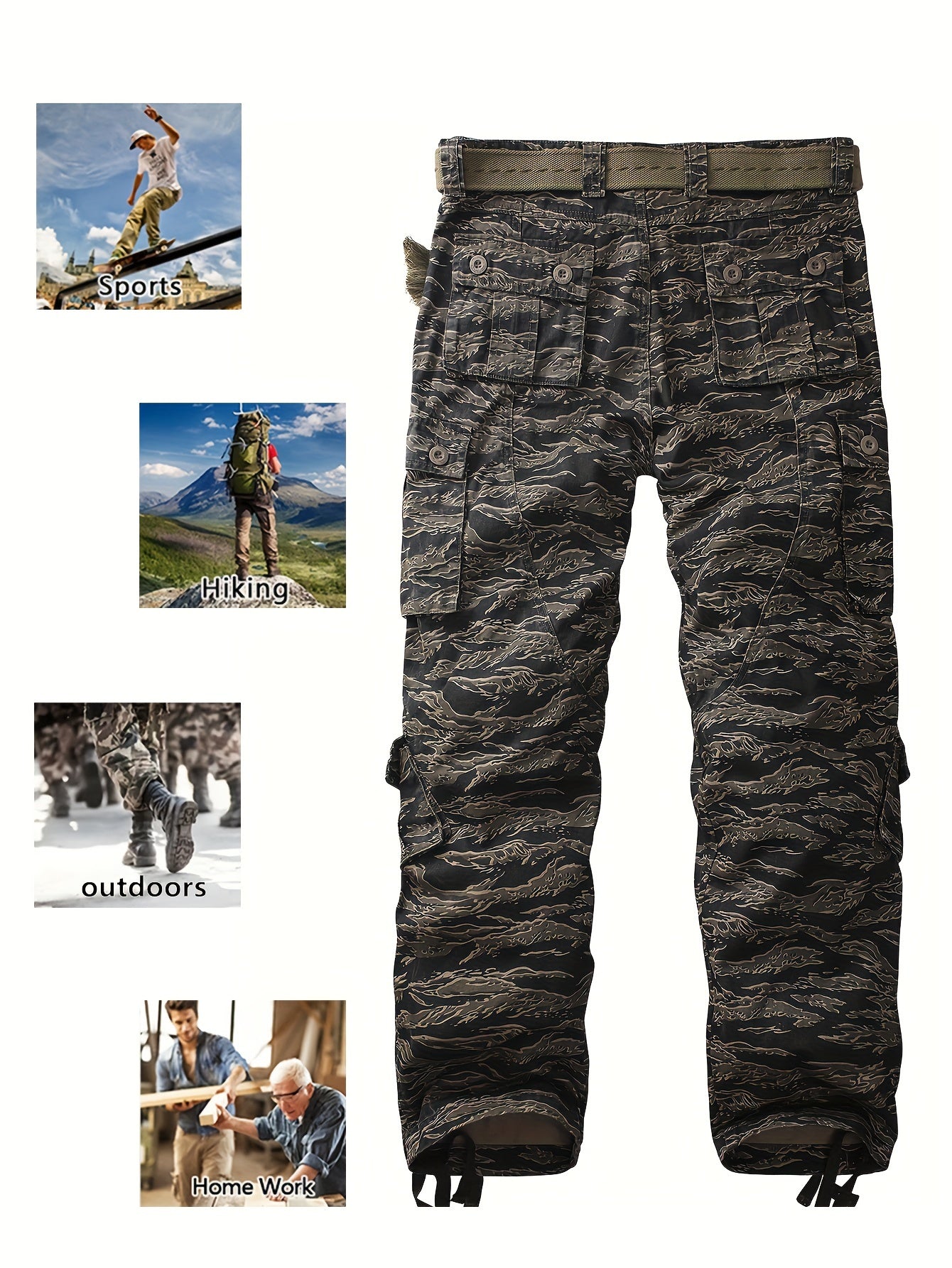 Trendy Mens Tiger Camo Cargo Pants - Bold Print, Multiple Pockets, Loose Fit, Durable Cotton Blend, Perfect for Outdoor Adventures & Street Style