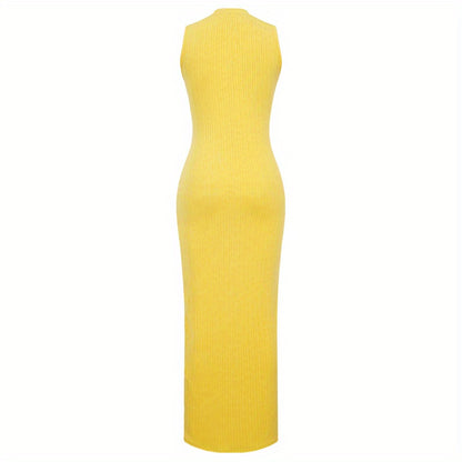 Women's Summer 2023 Fashion Casual Knit Sleeveless Crew Neck Bodycon Pencil Dress, Polyester 95% Spandex 5%, Solid Color Long Length Skinny Fit