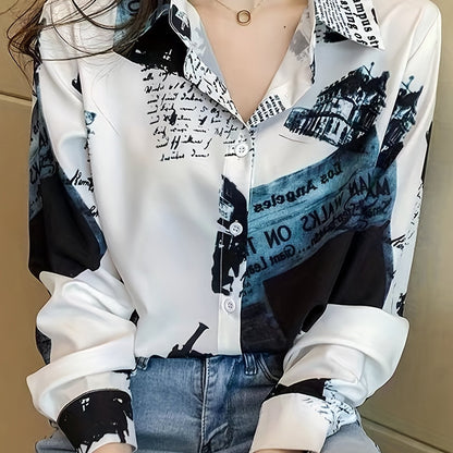 Chic Vintage-Inspired Women's Long Sleeve Blouse - Casual Polyester Chiffon Shirt with Unique Newspaper Print, Machine Washable, Perfect for Spring/Fall