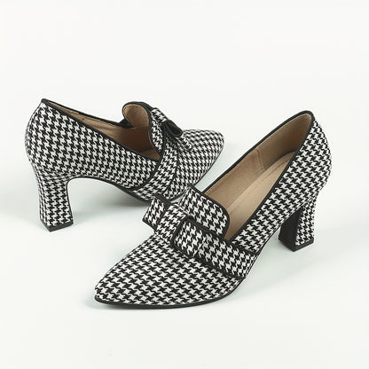 Women's High Heel Single Shoes with Deep Mouth Houndstooth Pattern