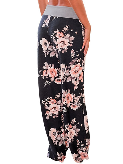 Plus Size Floral Print High Rise Drawstring Long Pants, Women's Plus Slight Stretch Loose Casual Pants