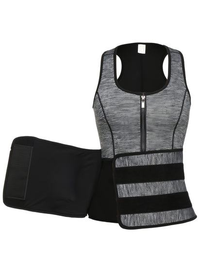 TKPARK Men's Adjustable Compression Tank Top & Waist Trainer - High-Elasticity Workout Shirt with Back Support, Sleeveless Gym Shaper Vest, Zipper Closure & Belt for Fitness Training, Fitness Compression Wear | Sleeveless Tan