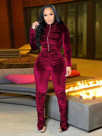 Two-Piece Long Sleeve Crop Top & High Waist Ruched Ruffle Pants Set - Soft Polyester Knit Fabric, Mid Elasticity, Placket Closure, Solid Color - Casual Wear for Women