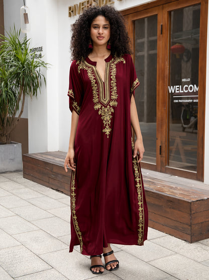 Bohemian Golden Embroidered Plus Size Maxi Dress with Bat Sleeves for Ramadan