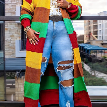 Long Sleeve Color Block Knit Cardigan - Stylish Open Front, Cozy Casual Sweater with Convenient Pockets, Perfect for Womens Everyday Wear