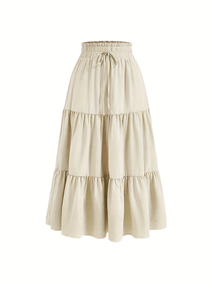 Solid Tie Waist Tiered Skirt, Casual Elastic Waist Skirt For Spring & Fall, Women's Clothing