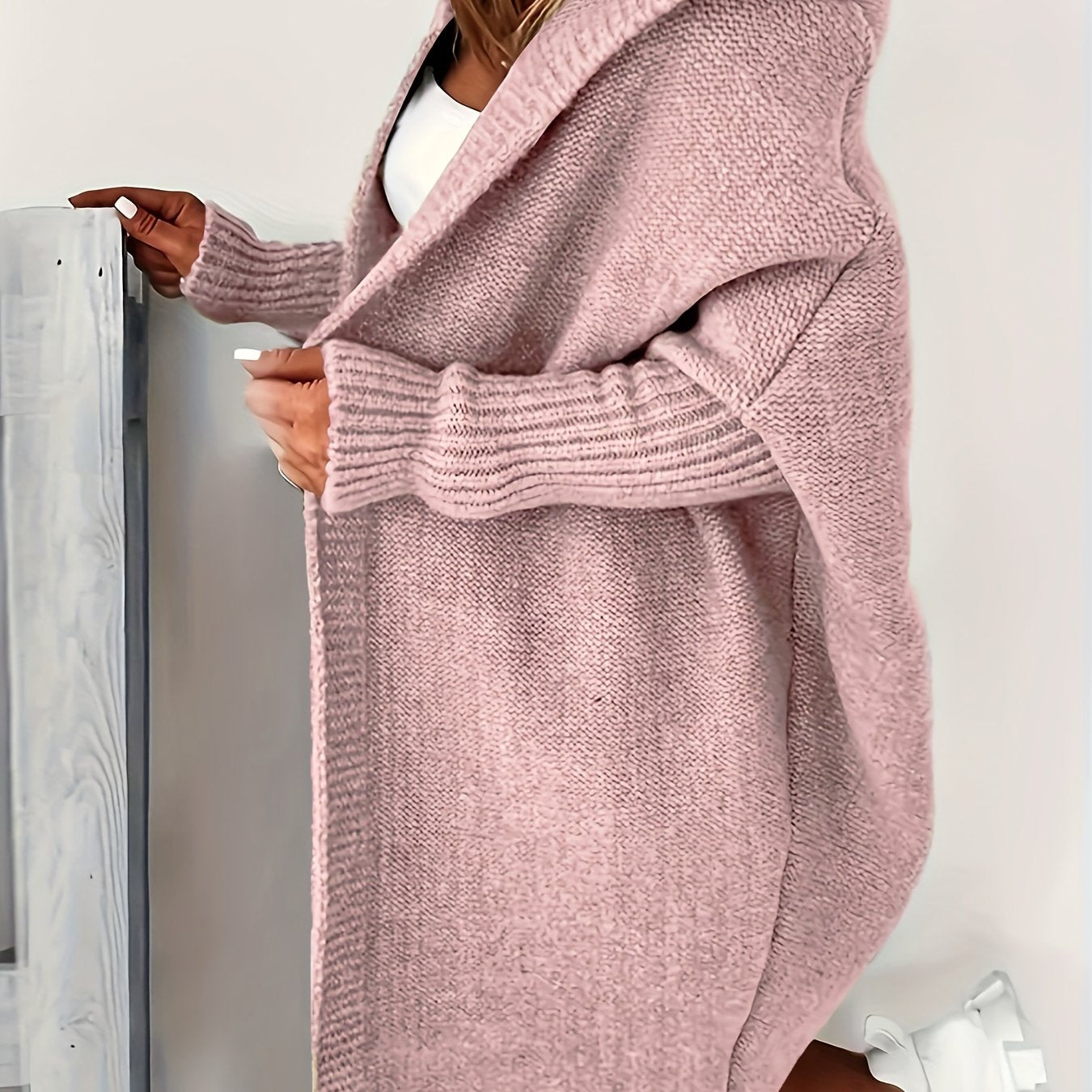Plus Size Casual Cardigan, Women's Plus Solid Stitching Long Sleeve Hooded Open Front Slight Stretch Sweater Cardigan