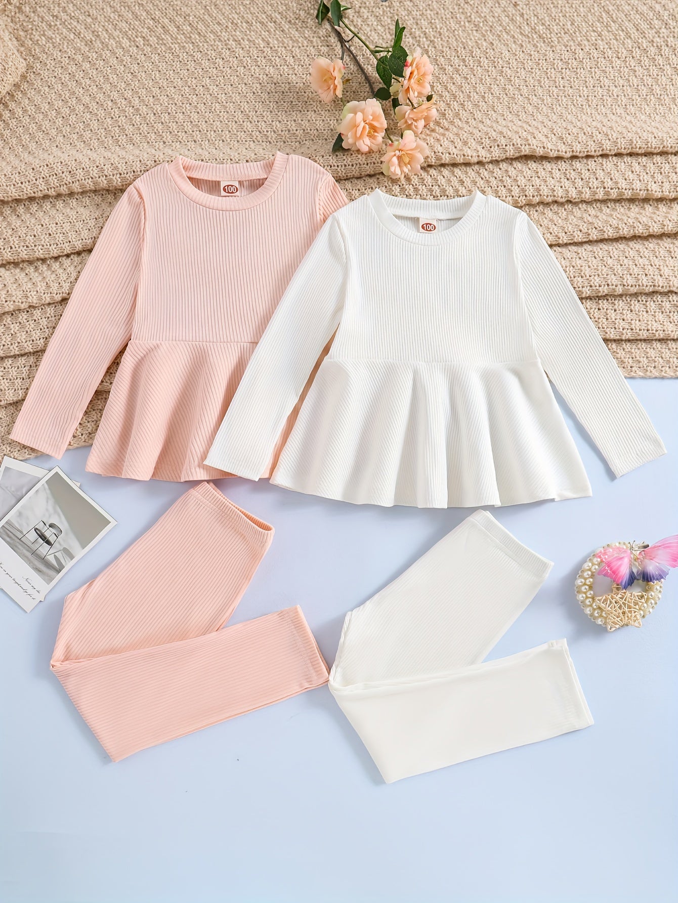 2 Sets Girl's Ribbed Outfit, Peplum Top & Pants Set, Casual Toddler Kid's Clothes For Spring Fall