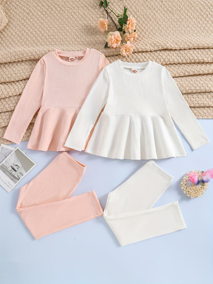 2 Sets Girl's Ribbed Outfit, Peplum Top & Pants Set, Casual Toddler Kid's Clothes For Spring Fall