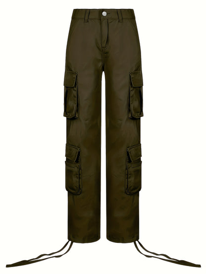 Black Flap Pockets Straight Jeans, Loose Fit Non-Stretch High Waist Cargo Pants, Y2K & Kpop Style, Women's Denim Jeans & Clothing