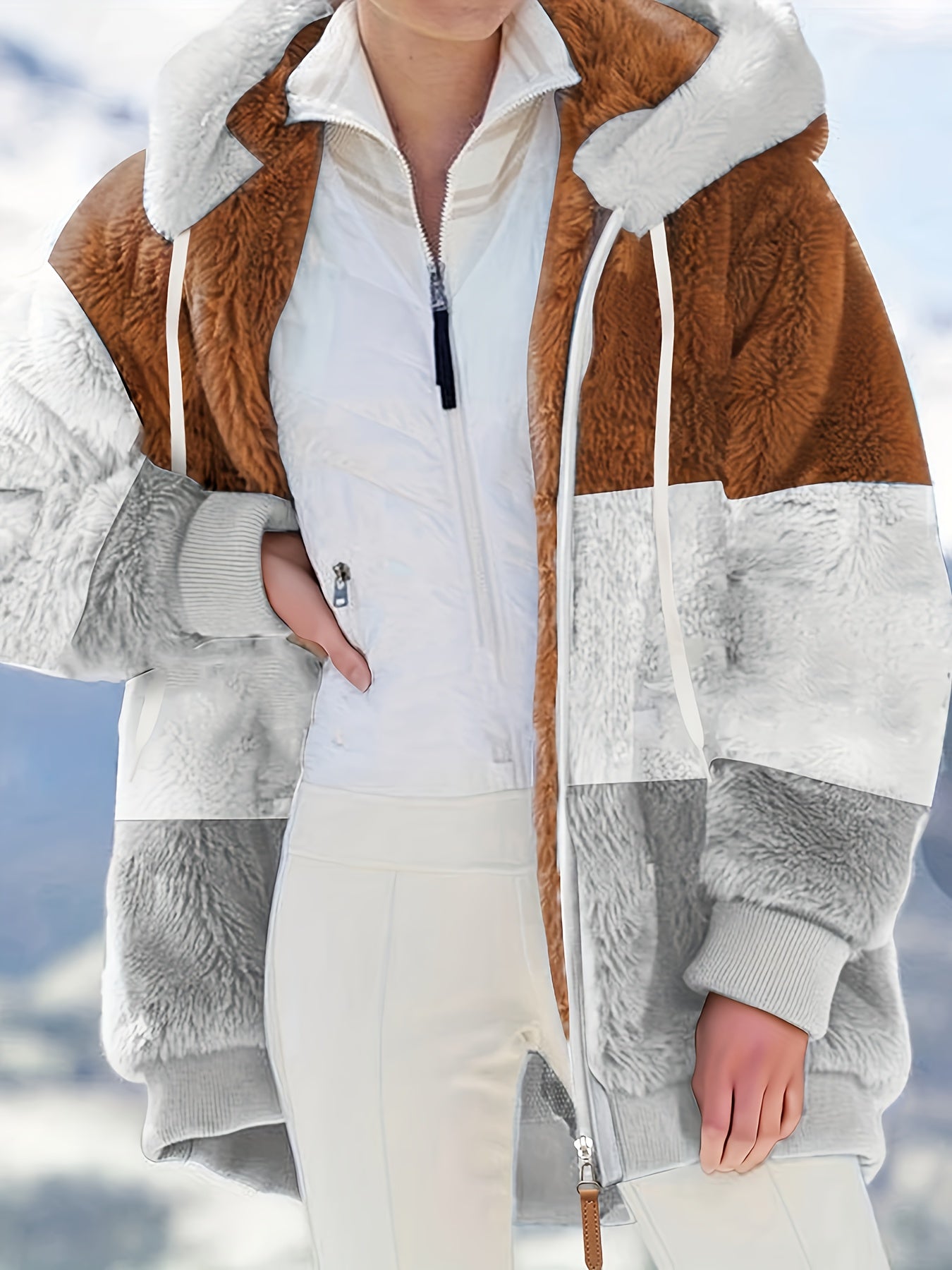 Plus Size Colorblock Fuzzy Hoodie Drawstring Zip Up Coat, Women's Plus Pocket Casual Overcoat