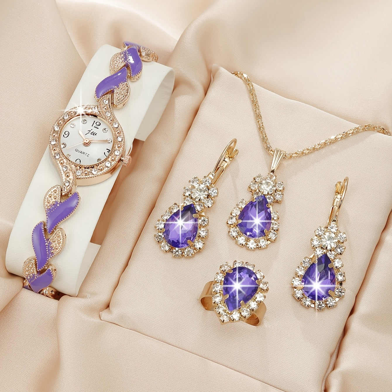 Elegant Rhinestone Quartz Women's Watch & Chic 4pc Jewelry Set - Shock-Resistant, Japanese Movement, Perfect Gift