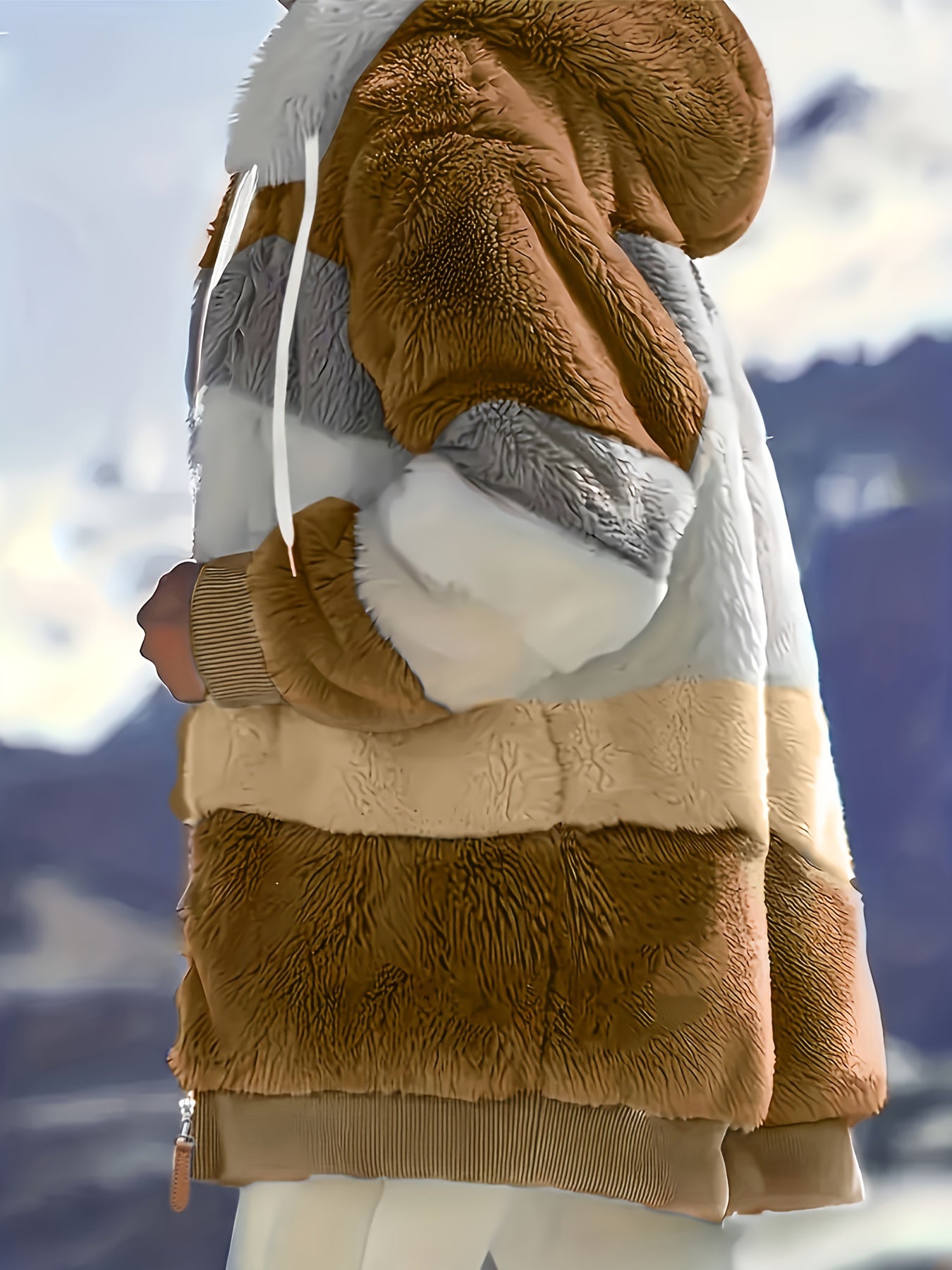 Ultra-Soft Color Block Fuzzy Hooded Coat - Stylish Winter Warm Outerwear with Full-Length Sleeves - Perfect for Casual Wear - Womens Clothing