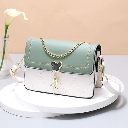 Geometric Embroidered Flap Square Bag - Chic Crossbody with Stylish Chain, Magnet Closure, and Bag Charm