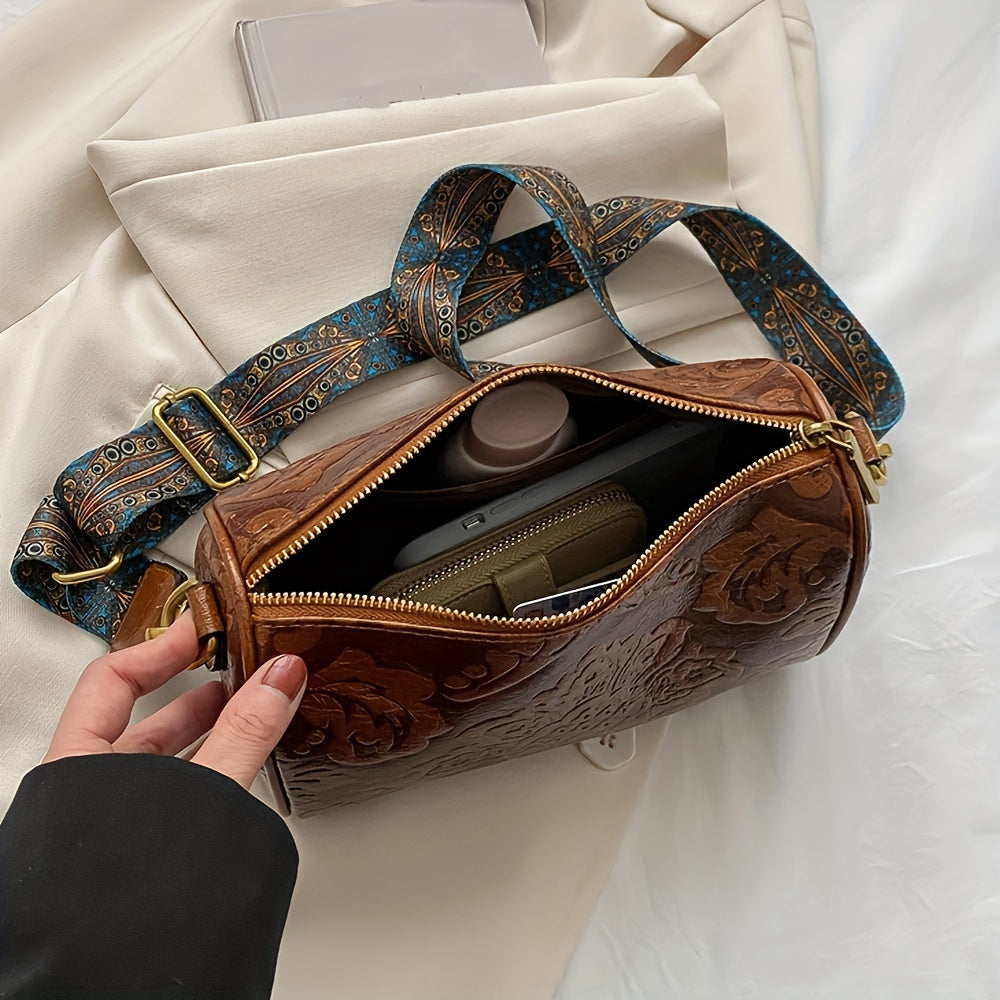 Boho-Chic Floral Embossed Crossbody & Shoulder Bag for Women | Elegant Retro Charm with Secure Zipper Closure, Perfect for Every Occasion