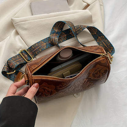 Boho-Chic Floral Embossed Crossbody & Shoulder Bag for Women | Elegant Retro Charm with Secure Zipper Closure, Perfect for Every Occasion