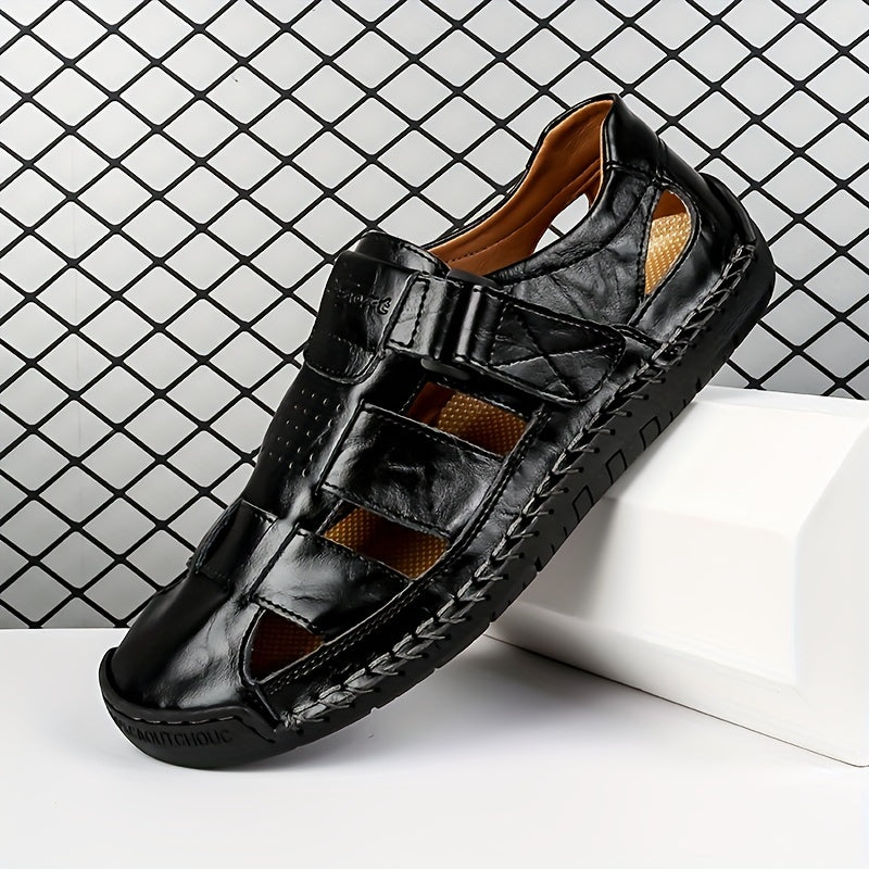 Men's Retro Brown Faux Leather Sandals - Adjustable Hook and Loop Fastener, Non-Slip Rubber Sole, Comfortable Open-Toe Slides for Outdoor Hiking, Trekking, Beach Wear | Spring/Summer/Autumn