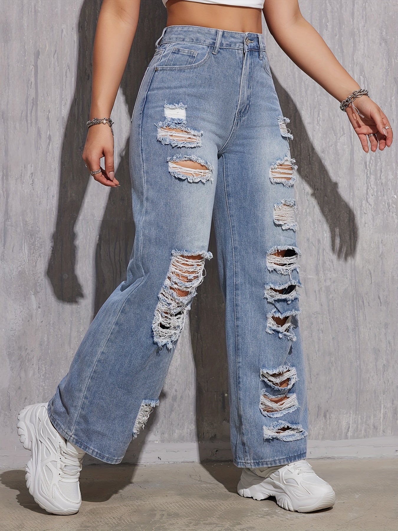 Loose Fit Blue Ripped Hole Straight Leg Jeans - Comfortable Non-Stretch Cotton Blend Denim with Distressed Slant Pockets and Wide Legs - Machine Washable, Casual Style for All Seasons