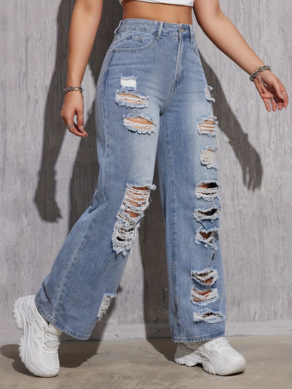 Loose Fit Blue Ripped Hole Straight Leg Jeans - Comfortable Non-Stretch Cotton Blend Denim with Distressed Slant Pockets and Wide Legs - Machine Washable, Casual Style for All Seasons