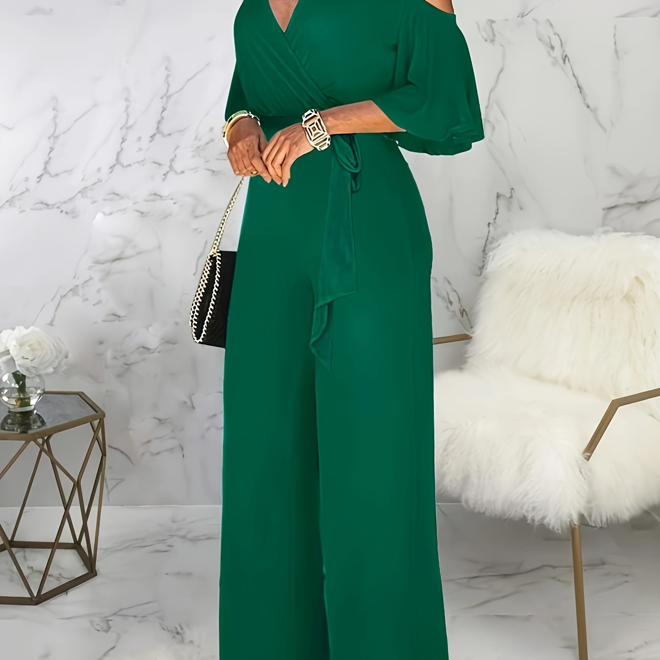 Solid Cold Shoulder V-neck Jumpsuit, Elegant Half Sleeve Jumpsuit For Spring & Summer, Women's Clothing