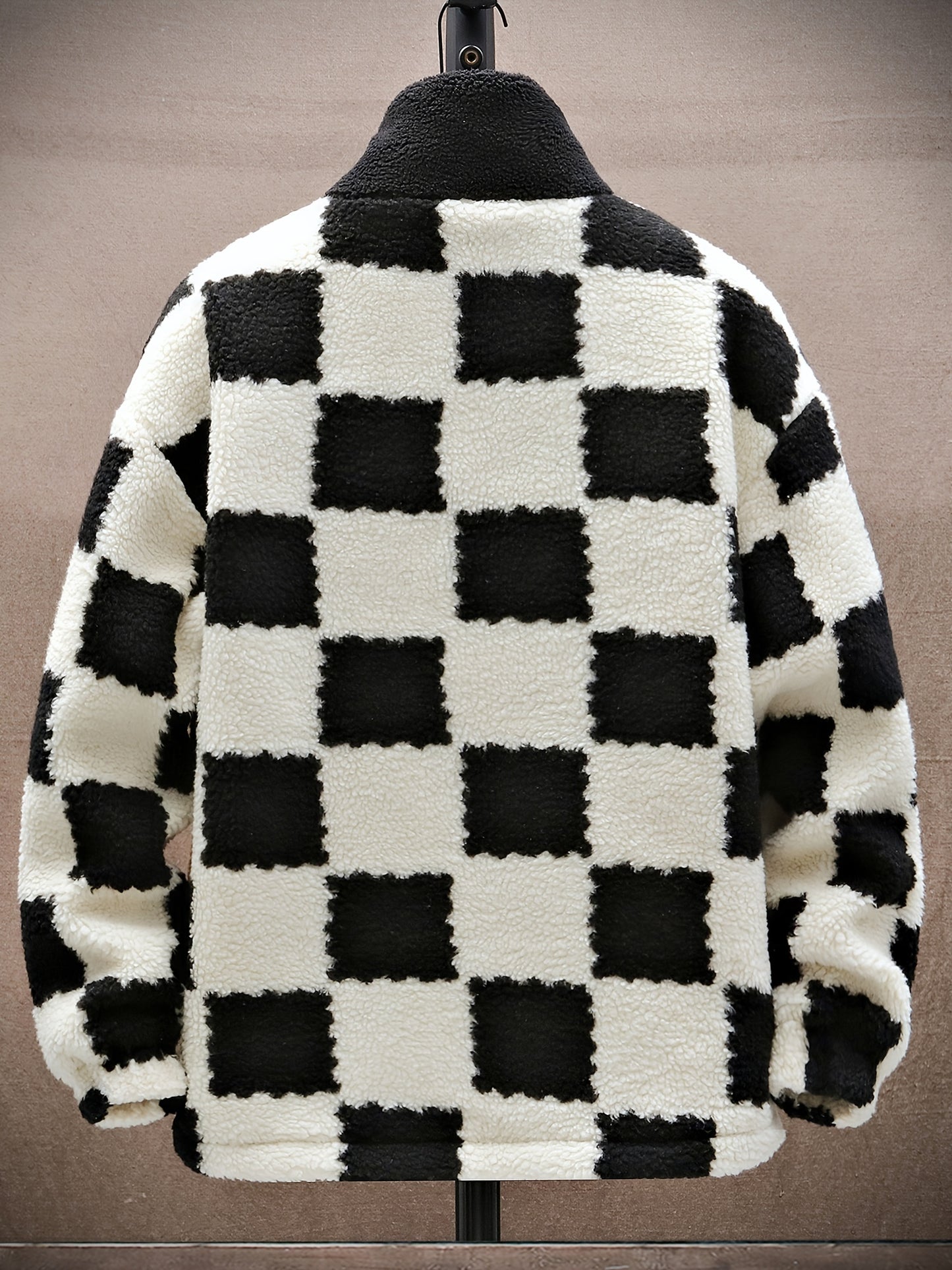 Men'S Plush Checkered Winter Coat - Blue & White, Loose Fit, Stand Collar, Zip-Up Jacket with Drawstring Hood, Casual Style for Fall/Winter, Winter Coat