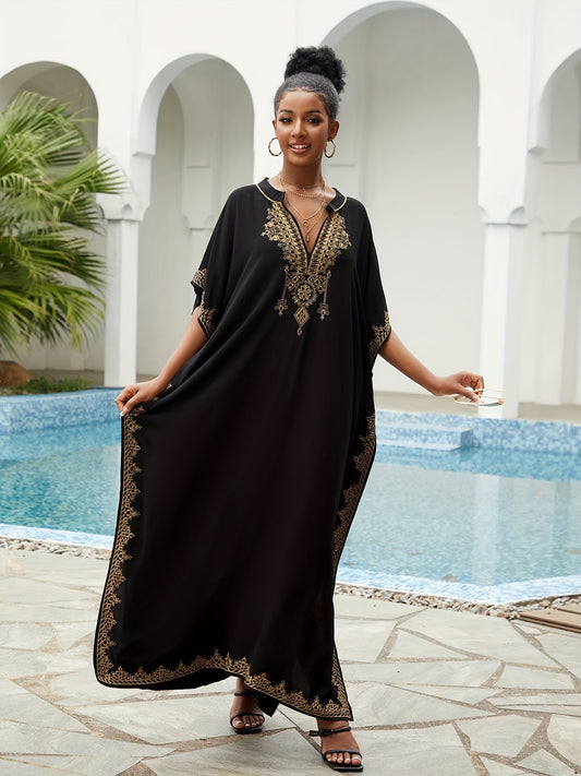 Bohemian Golden Embroidered Plus Size Maxi Dress with Bat Sleeves for Ramadan