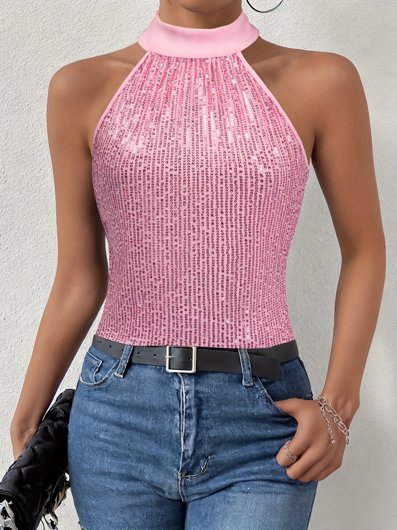 Sequined Tie Back Halter Top, Elegant Sleeveless Top For Summer, Women's Clothing