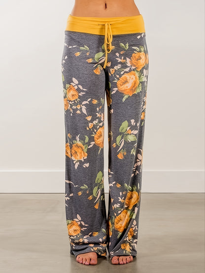 Plus Size Floral Print High Rise Drawstring Long Pants, Women's Plus Slight Stretch Loose Casual Pants